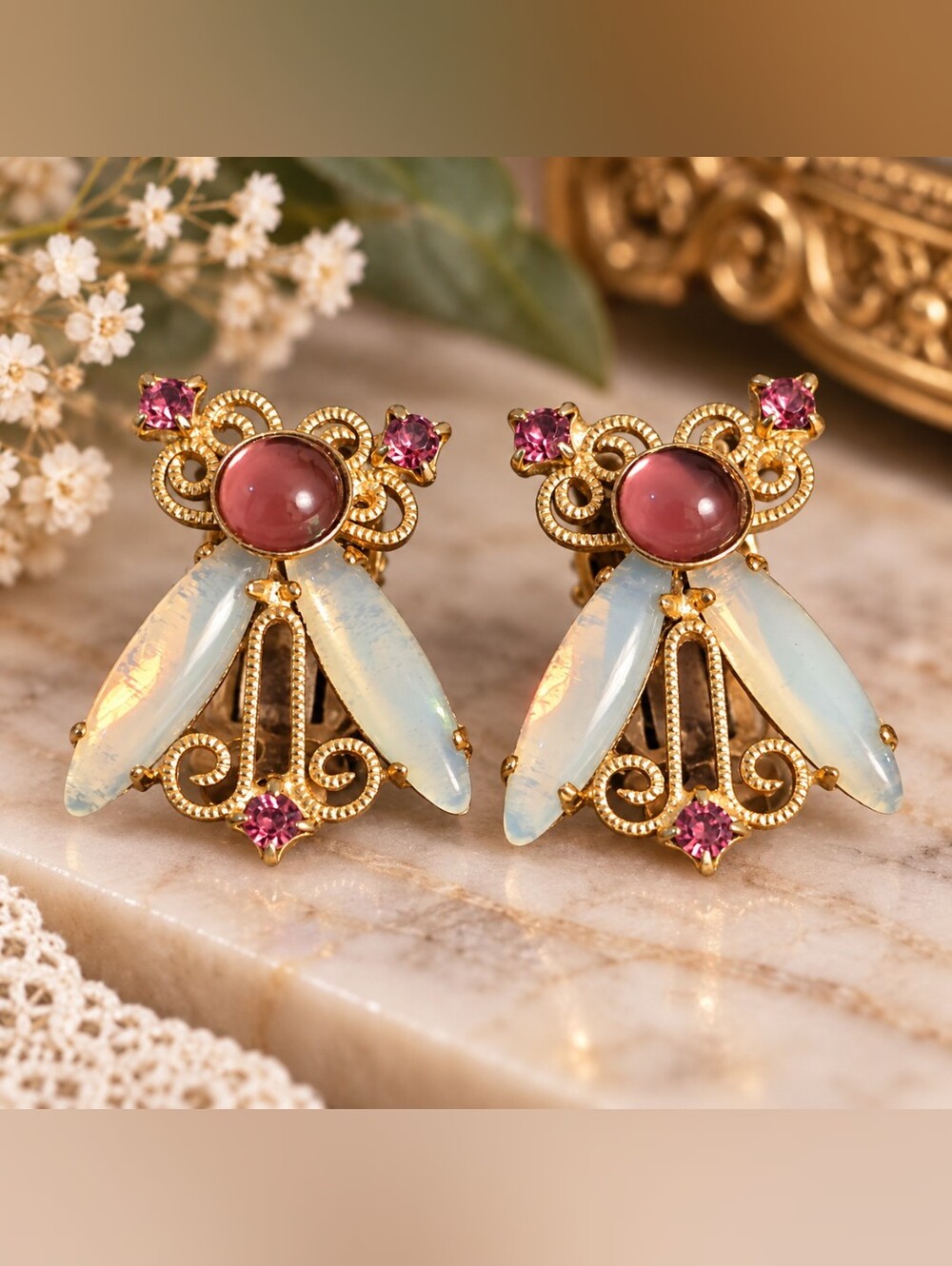 Vintage Bee Clip-On Earrings Gold Tone Filigree Purple Stones Opalescent Wings
